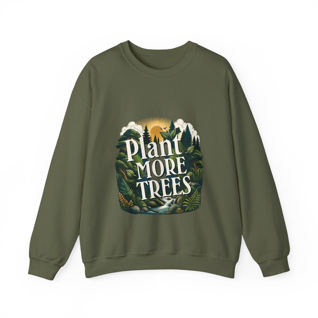 Forest green crewneck sweatshirt with tree and forest graphic on chest