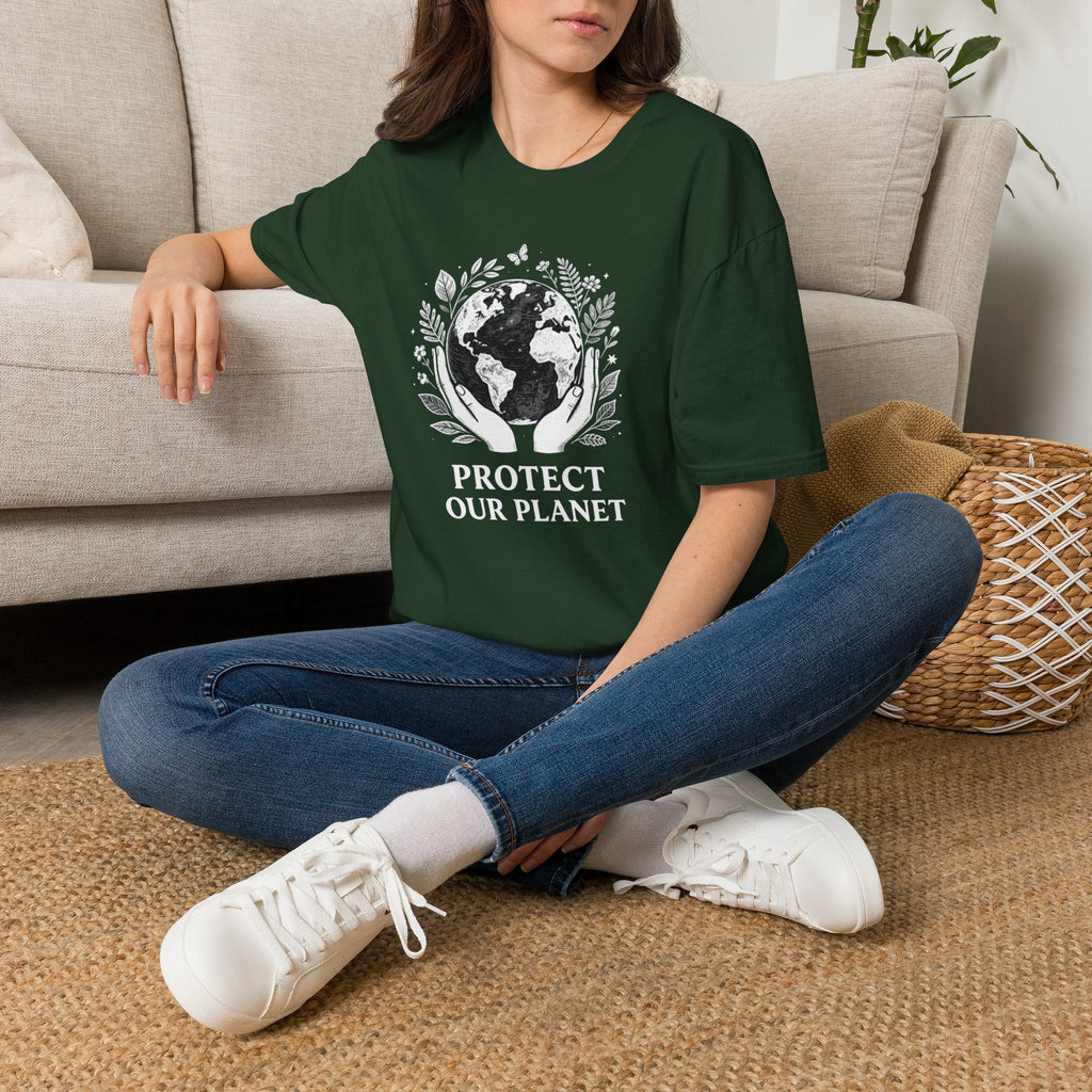 Dark green T-shirt with globe laurel graphic: 'PROTECT OUR PLANET'