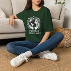 Dark green T-shirt with globe laurel graphic: 'PROTECT OUR PLANET'