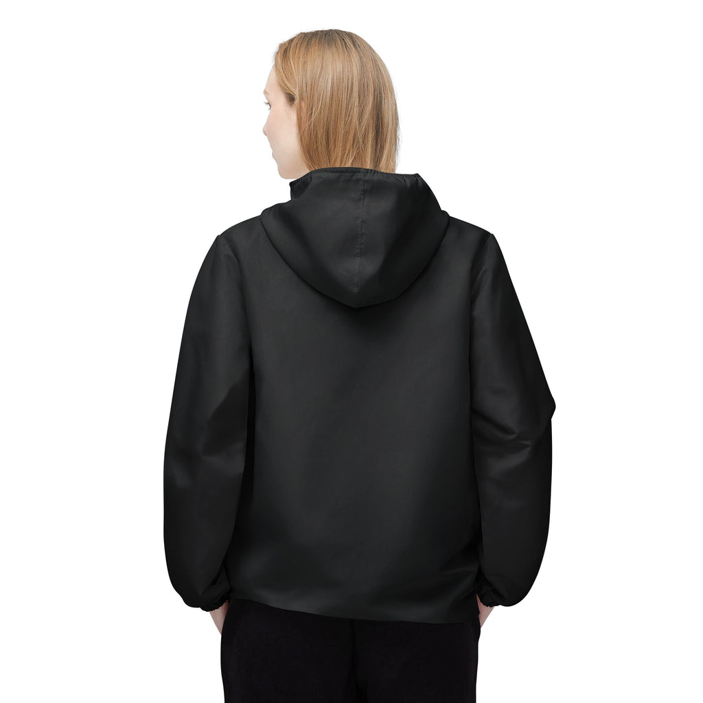 A model with blonde hair wearing the jacket and is seen from behind.