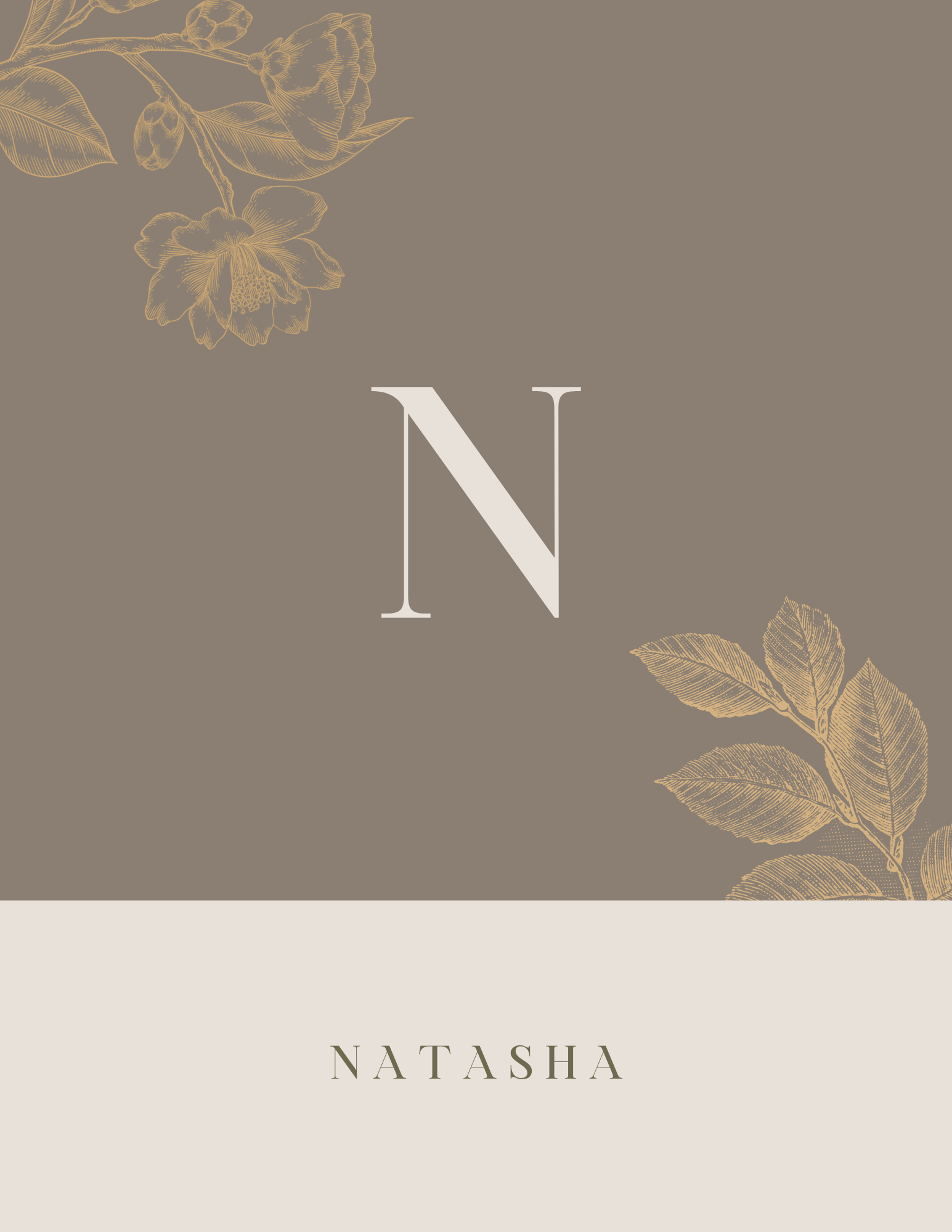 A5 notebook cover close-up with gold floral details and large monogram N; taupe background.