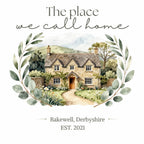 'The place we call home' cottage watercolor graphic with leaf wreath on T-shirt.