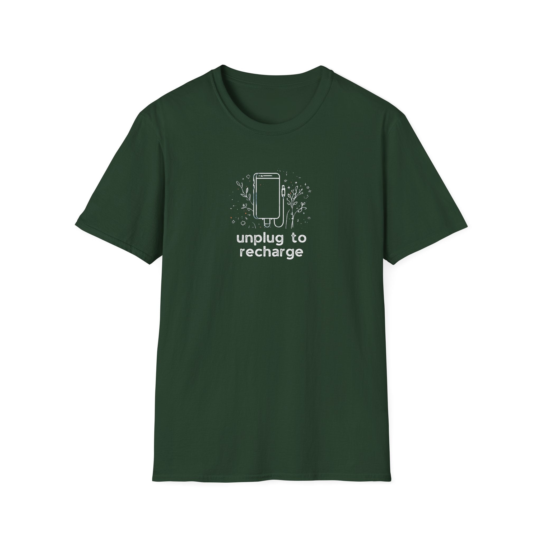 Dark green unisex T-shirt with 'unplug to recharge' phone and floral graphic