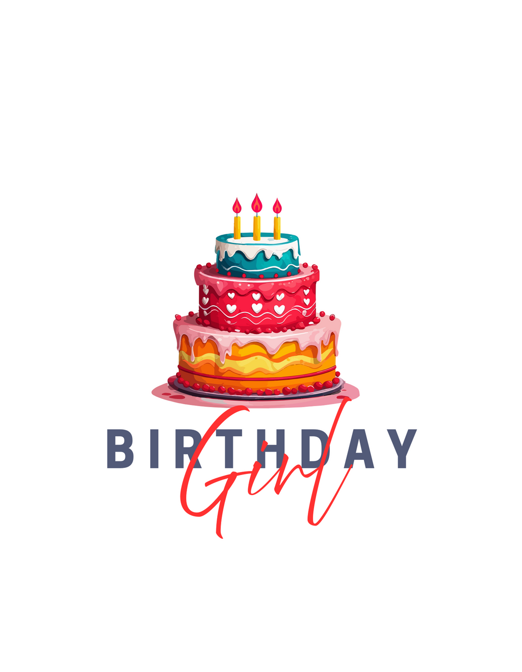 White T-shirt with birthday cake graphic, 'BIRTHDAY' text, and red 'Happy Birthday'