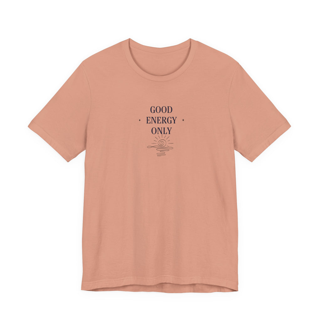 Terracotta crew-neck short-sleeve T-shirt with 'GOOD ENERGY ONLY' chest print
