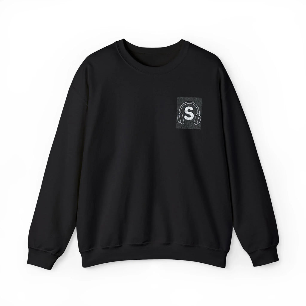 Black unisex crewneck sweatshirt with embroidered headphone logo on chest
