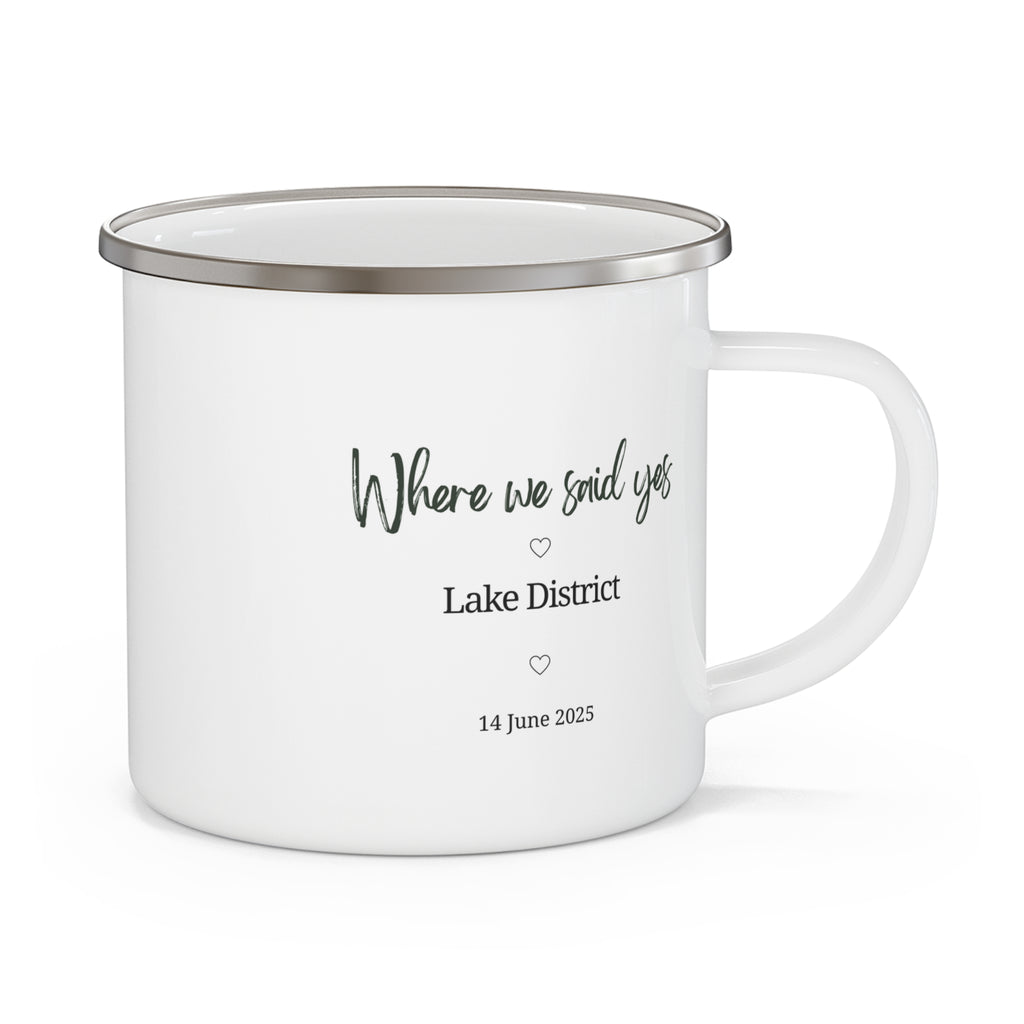 Personalised Enamel Wedding Mug — Where We Said Yes | Camping Keepsake Gift