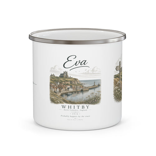 Whitby Enamel Camping Mug — Coastal Cottage Vintage Travel Illustration