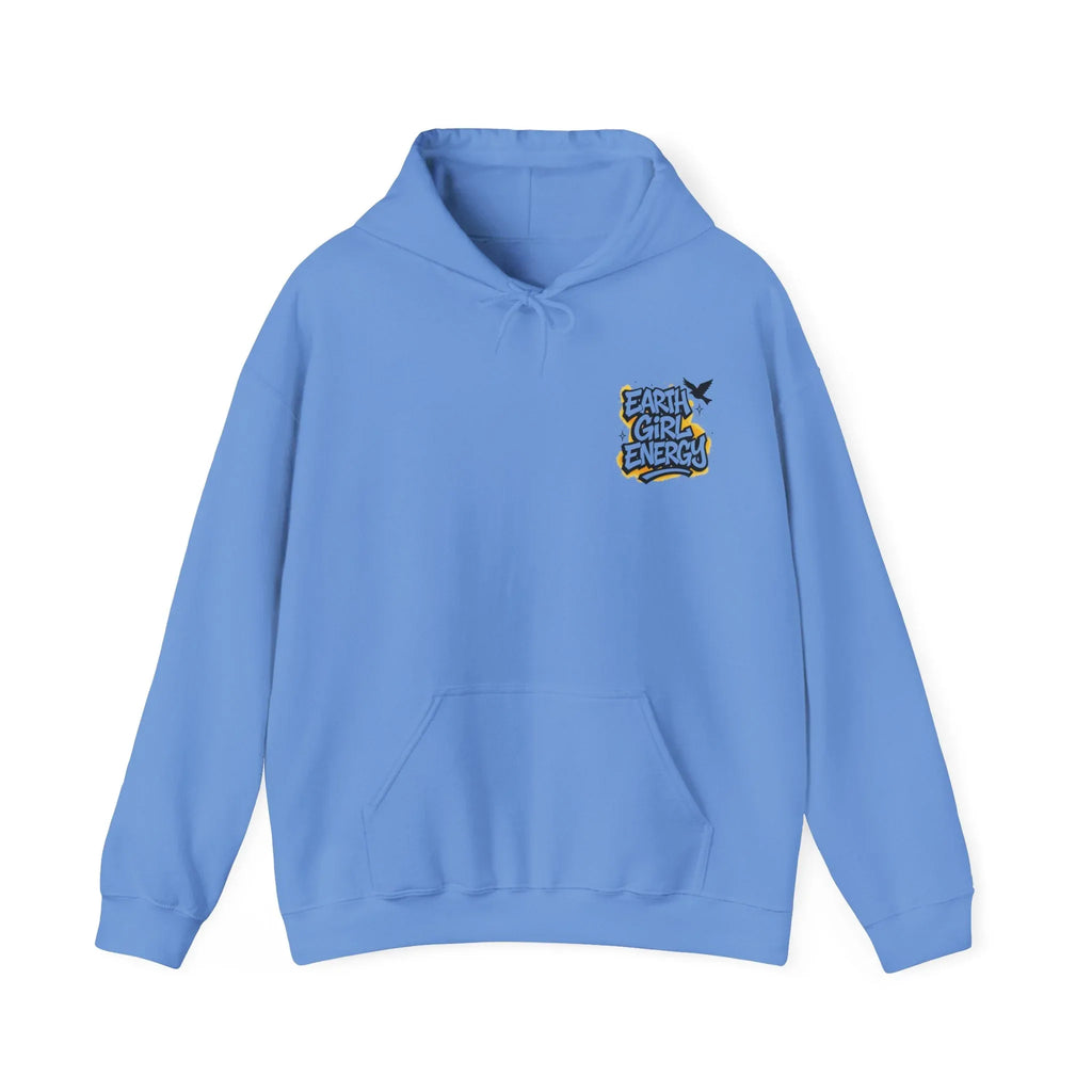 Blue hoodie with drawstring hood and front pouch pocket, featuring "Earth Girl Energy" logo.