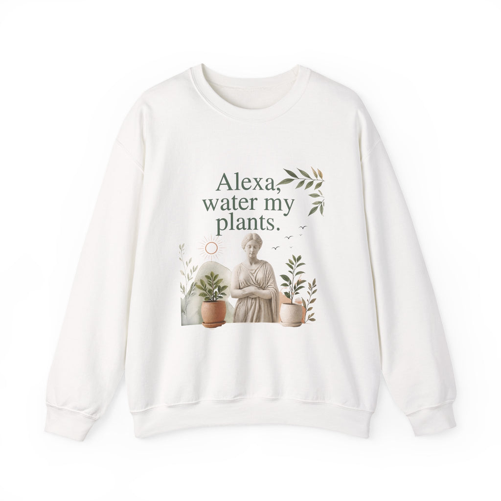 White sweatshirt with crew neck and front plant-themed slogan graphic in green and gold