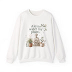 White sweatshirt with crew neck and front plant-themed slogan graphic in green and gold