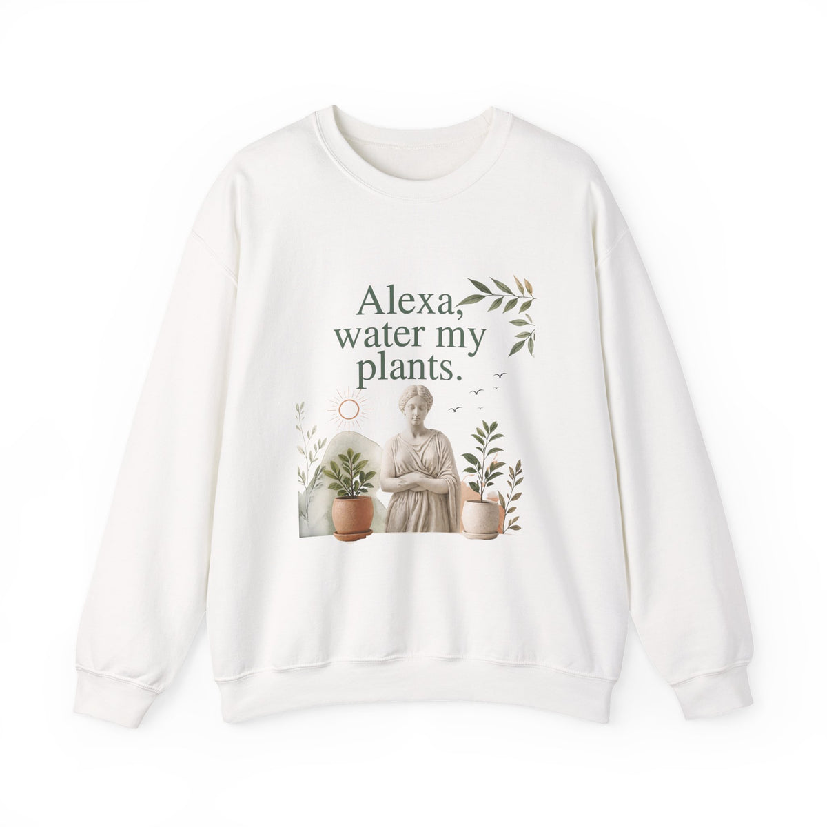 White sweatshirt with crew neck and front plant-themed slogan graphic in green and gold