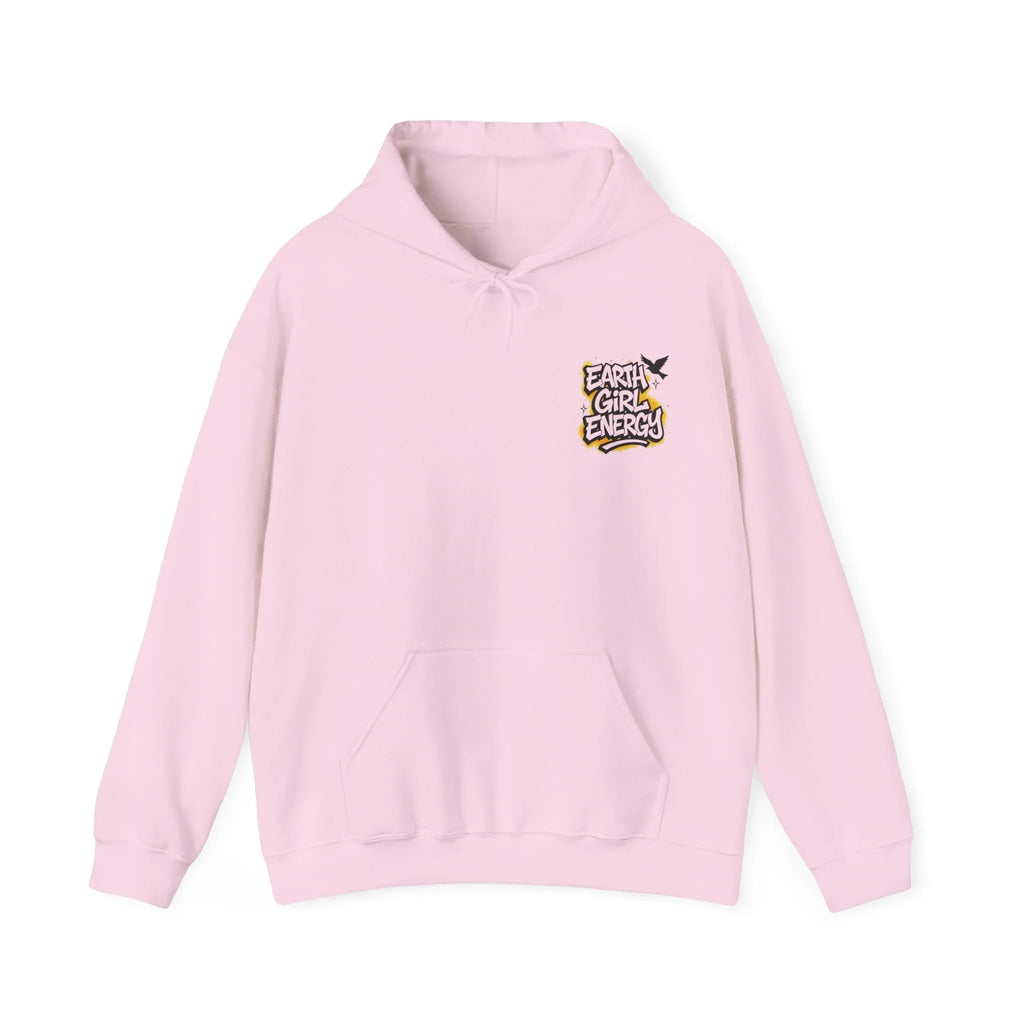 Light pink hoodie with drawstring hood and front pouch pocket, featuring "Earth Girl Energy" logo.