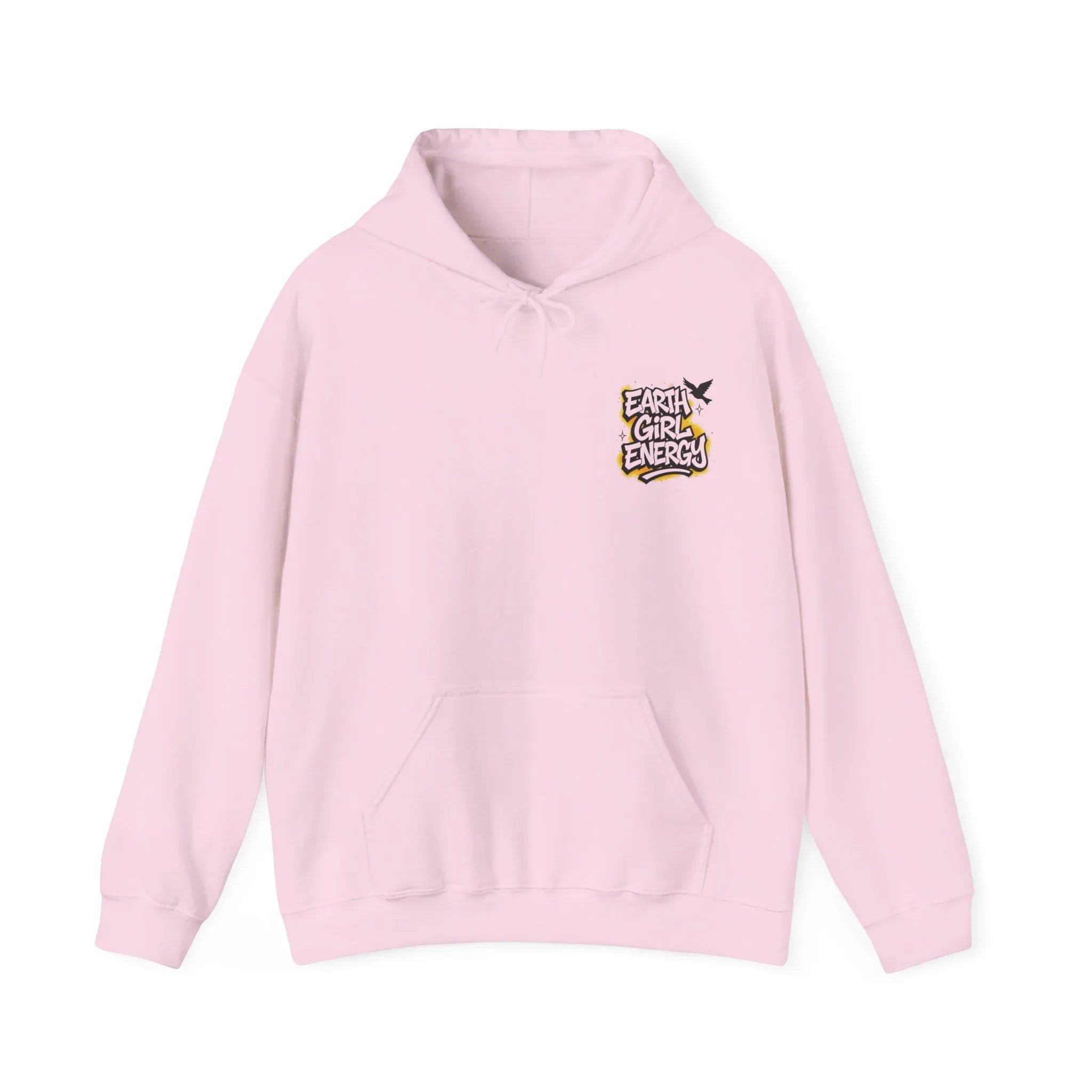 Light pink hoodie with drawstring hood and front pouch pocket, featuring "Earth Girl Energy" logo.