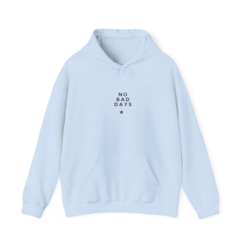 Light blue hooded sweatshirt with drawstring hood and “No Bad Days” chest graphic