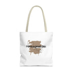 Beige-strap white canvas tote bag with brown splash “Haveagreatday.”