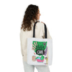 White tote bag with “Self Care” graphic and green frog illustration, shown on model