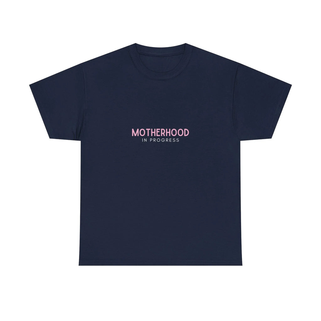 Maternity heavy cotton tee in navy with small pink “Motherhood in Progress” print