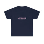 Maternity heavy cotton tee in navy with small pink “Motherhood in Progress” print