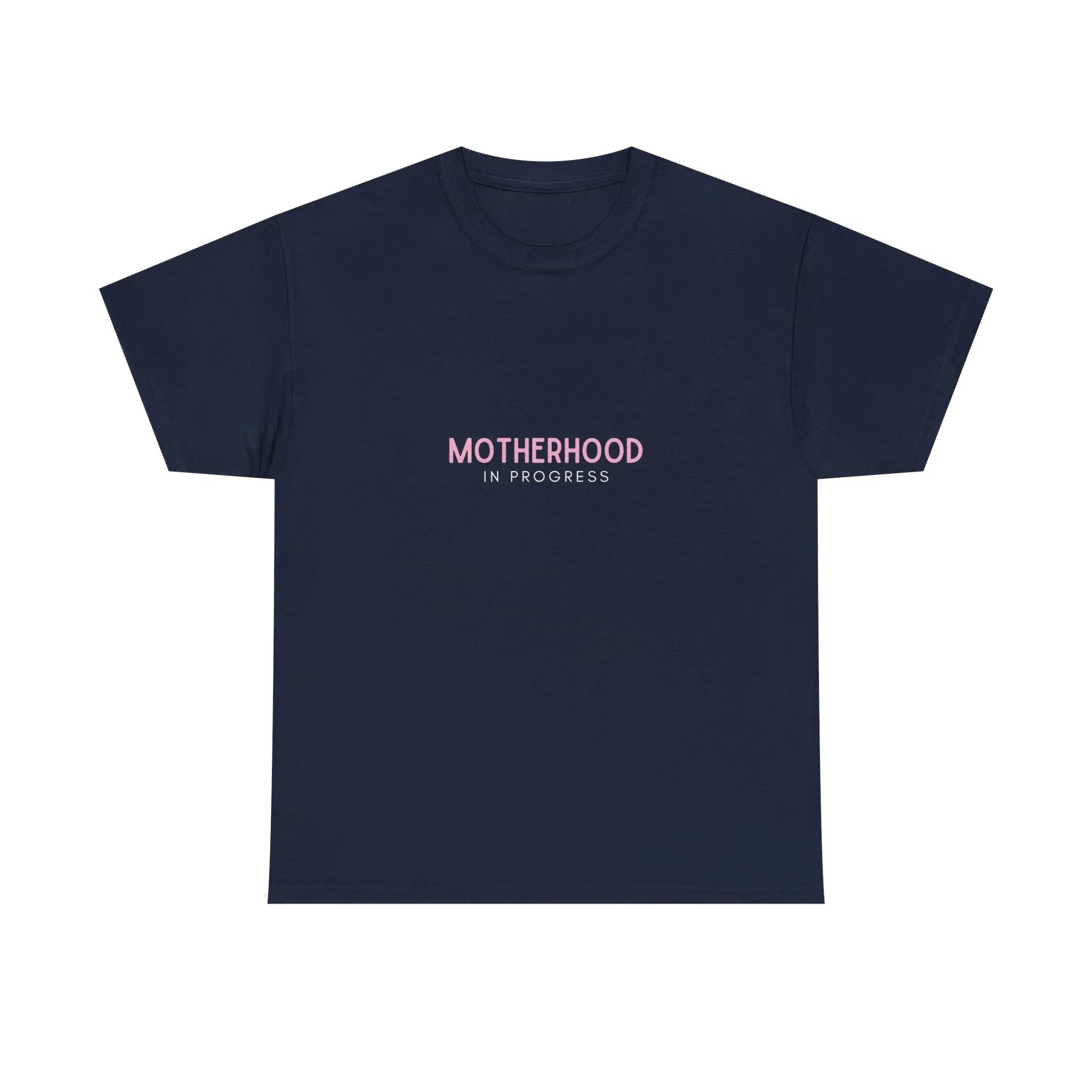 Maternity heavy cotton tee in navy with small pink “Motherhood in Progress” print