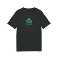 Black t-shirt with small green “BEST DAD” paw/reel graphic, crew neck