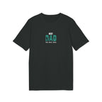 Black t-shirt with small green “BEST DAD” paw/reel graphic, crew neck