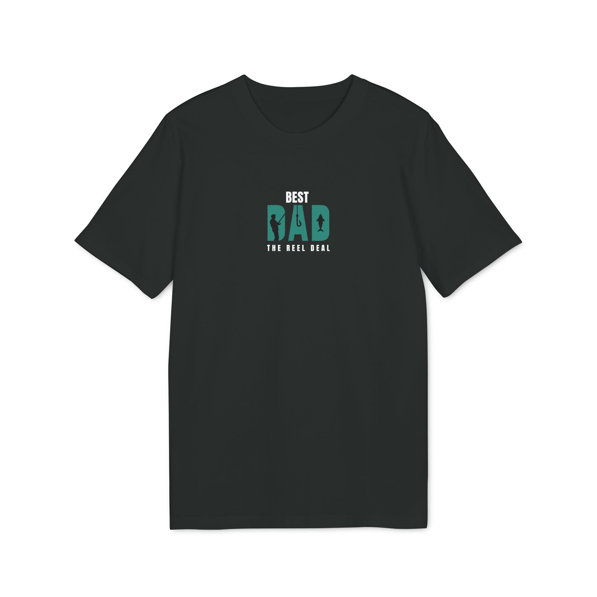 Black t-shirt with small green “BEST DAD” paw/reel graphic, crew neck