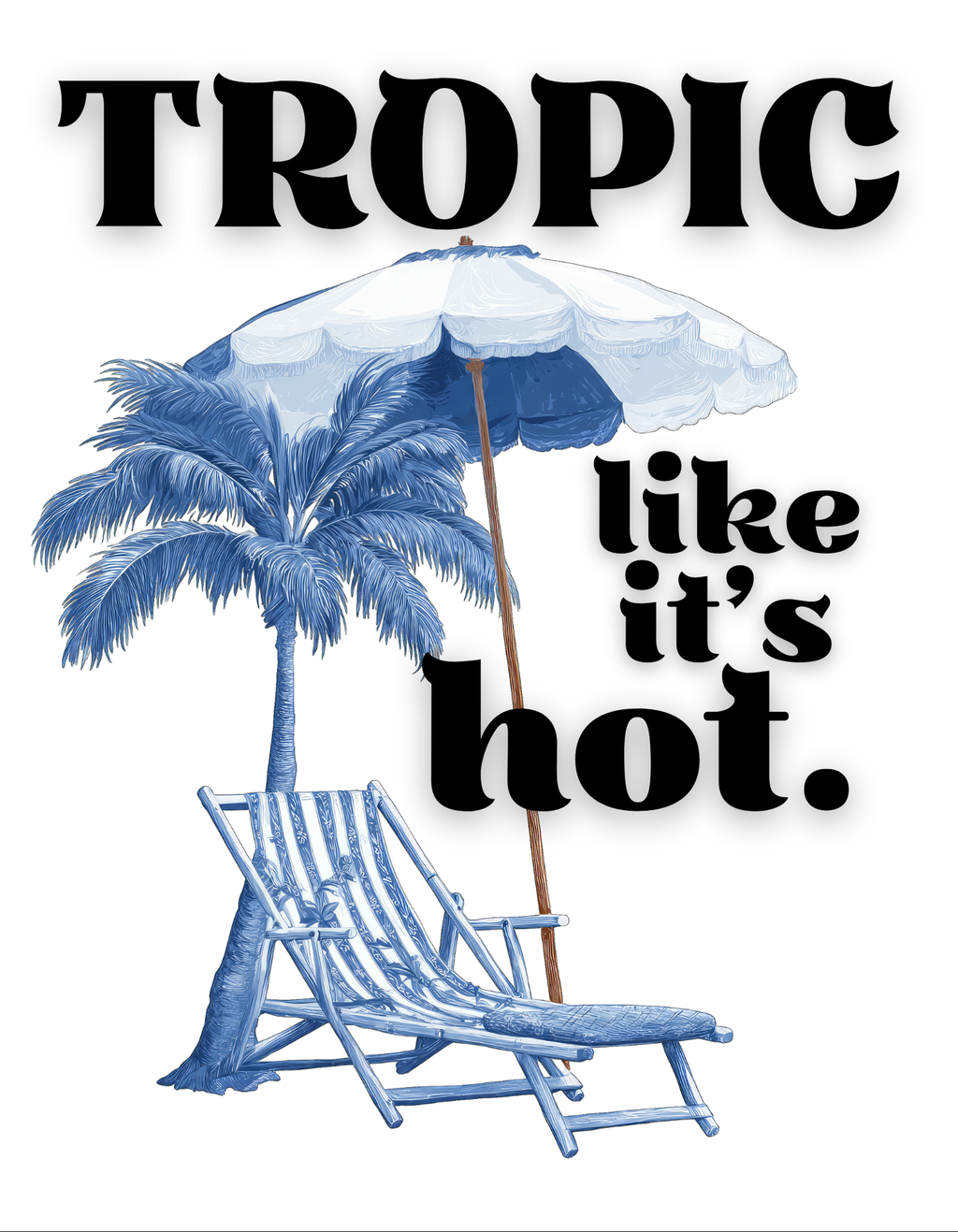 White tropical graphic T-shirt with palm, umbrella, and “like it’s hot” print