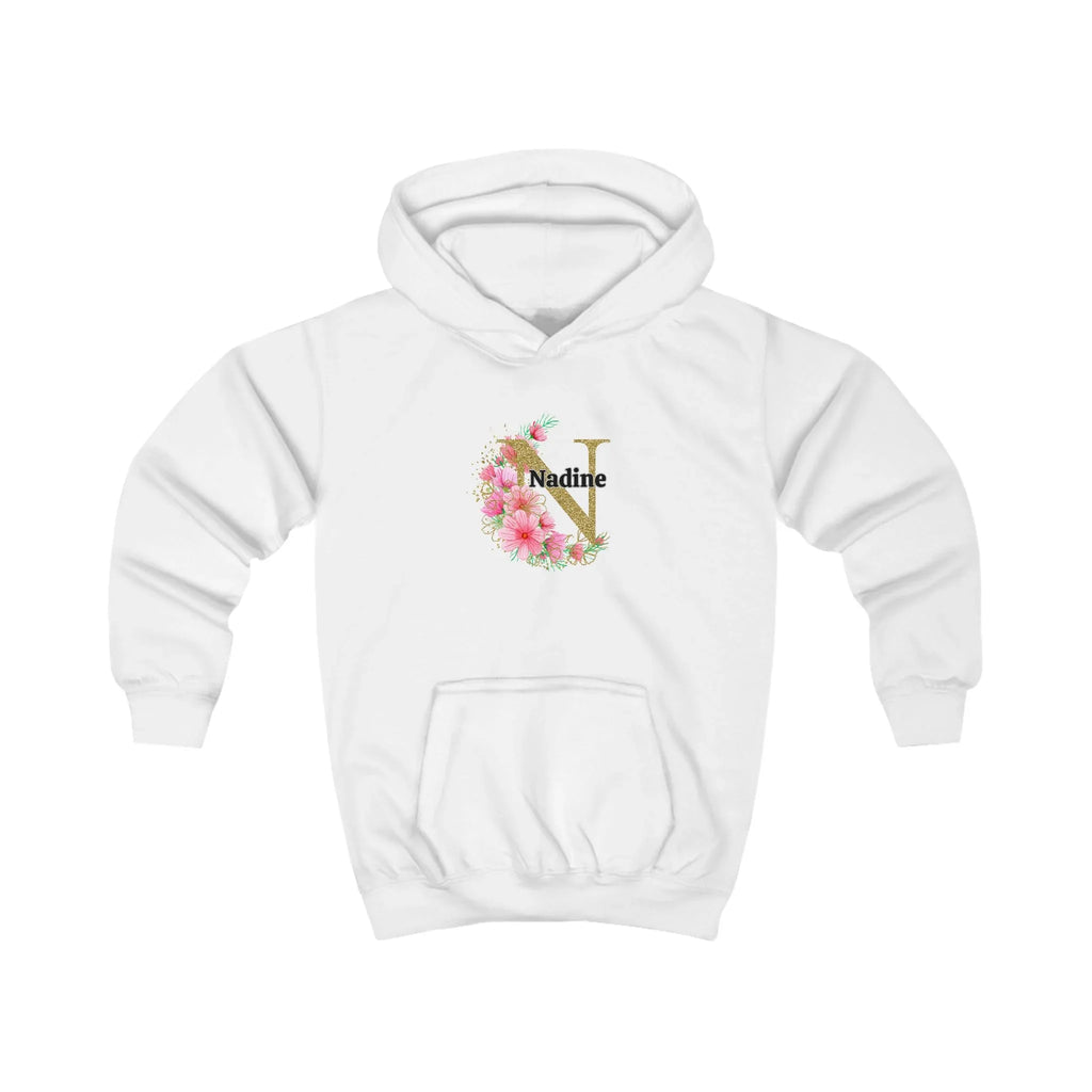 White kids hoodie with hood and floral letter Nadine graphic, front pocket