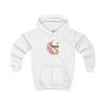 White kids hoodie with hood and floral letter Nadine graphic, front pocket
