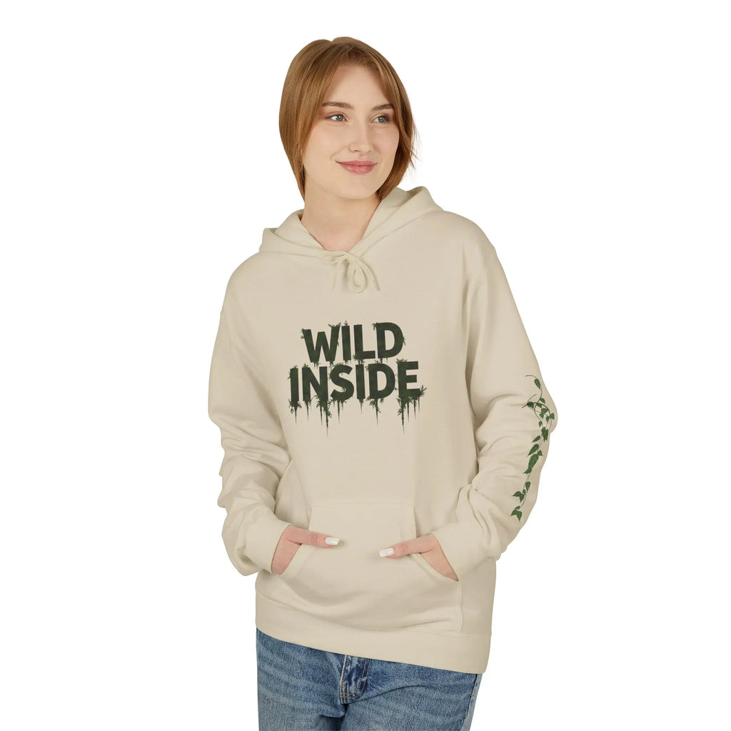 Sand hoodie pullover with green "WILD INSIDE" graphic and sleeve print