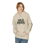 Sand hoodie pullover with green "WILD INSIDE" graphic and sleeve print