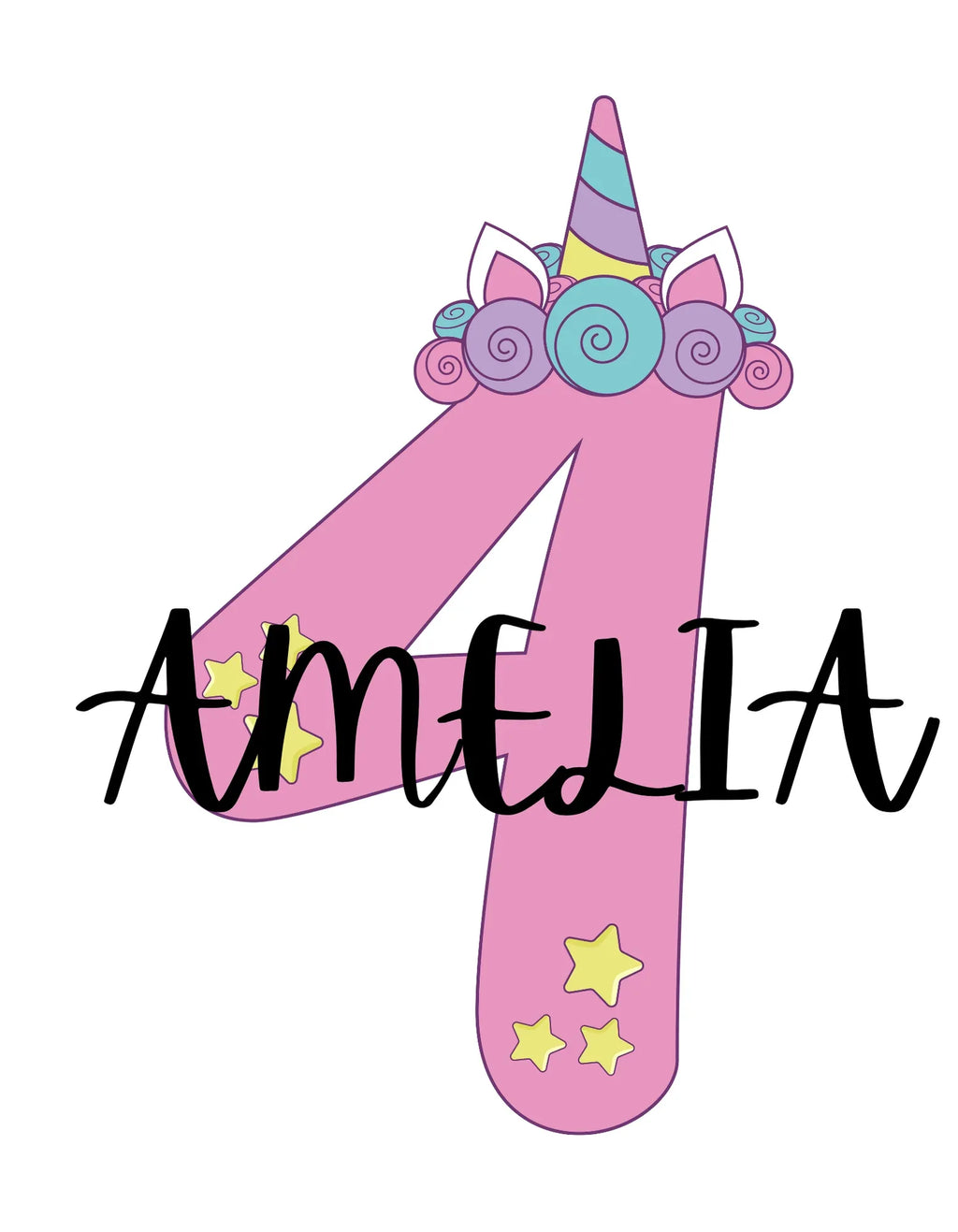 Pink unicorn-themed number pendant with horn and star accents, size 1