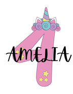 Pink unicorn-themed number pendant with horn and star accents, size 1