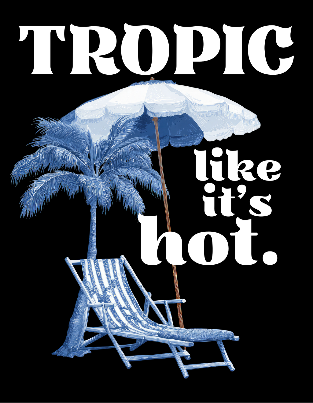 Navy tropical graphic T-shirt with palm, umbrella, and “like it’s hot” text print
