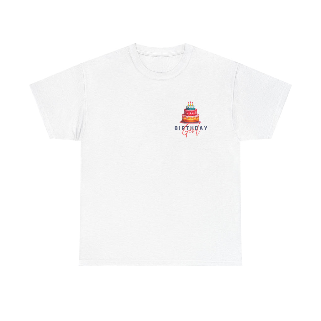 White birthday cake T-shirt with small chest graphic and “Birthday Girl” text