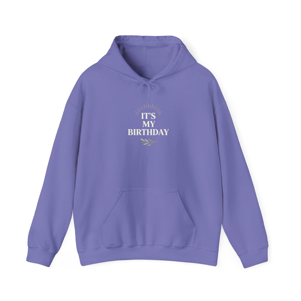 Birthday hooded sweatshirt in violet with “It’s My Birthday” chest print and front pouch pocket