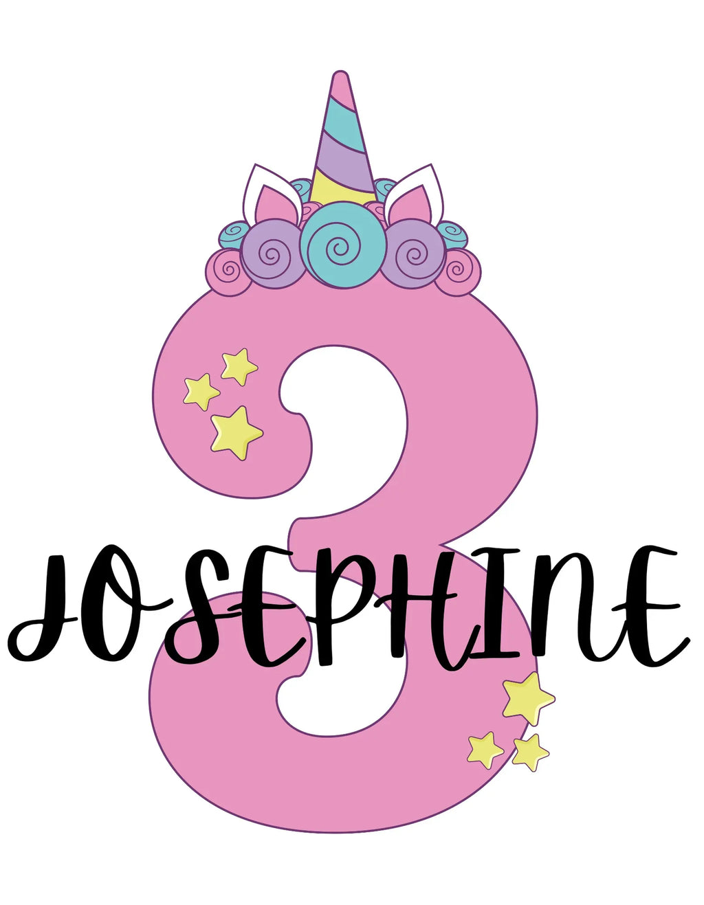 Pink unicorn-themed number pendant with horn and star accents, size 3