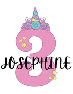 Pink unicorn-themed number pendant with horn and star accents, size 3