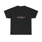 Maternity heavy cotton tee in black with small pink “Motherhood in Progress” print