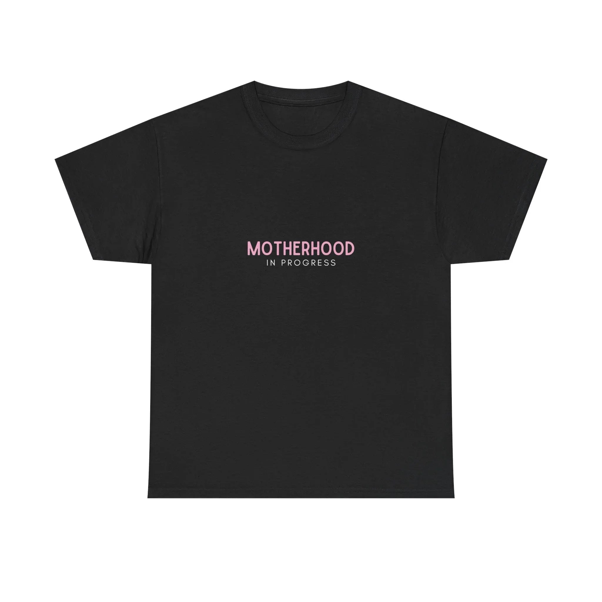Maternity heavy cotton tee in black with small pink “Motherhood in Progress” print