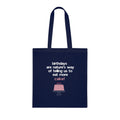 Navy tote bag with birthday cake quote print and pink cake graphic, square front