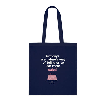 Birthday Cake Tote Bag – "Birthdays Are Nature’s Way of Telling Us to Eat More Cake" Cotton Shopper