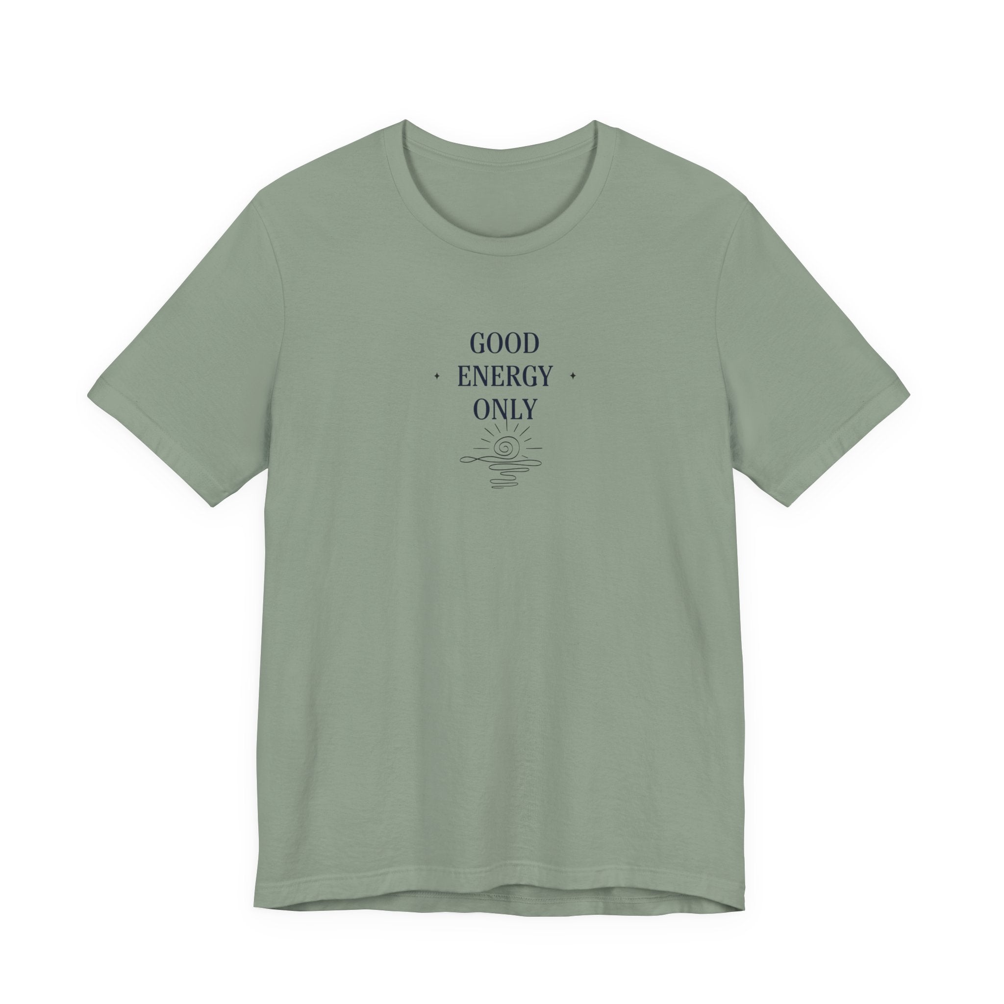 Green crew-neck short-sleeve T-shirt with 'GOOD ENERGY ONLY' chest graphic