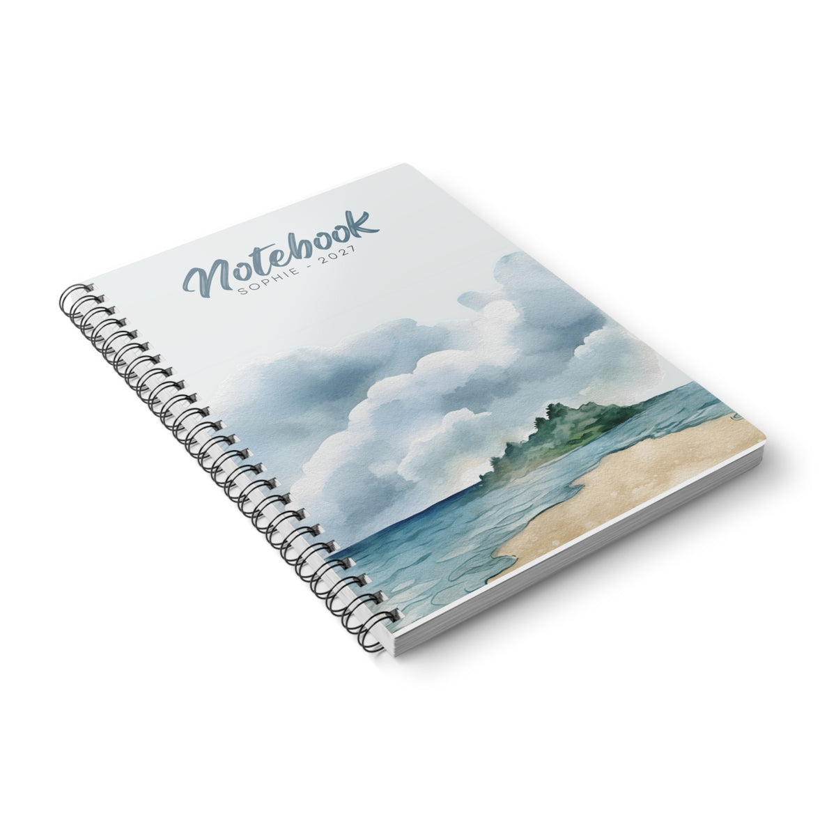 Personalised Coastal Watercolour A5 Notebook — Seaside Beach Wirobound Journal