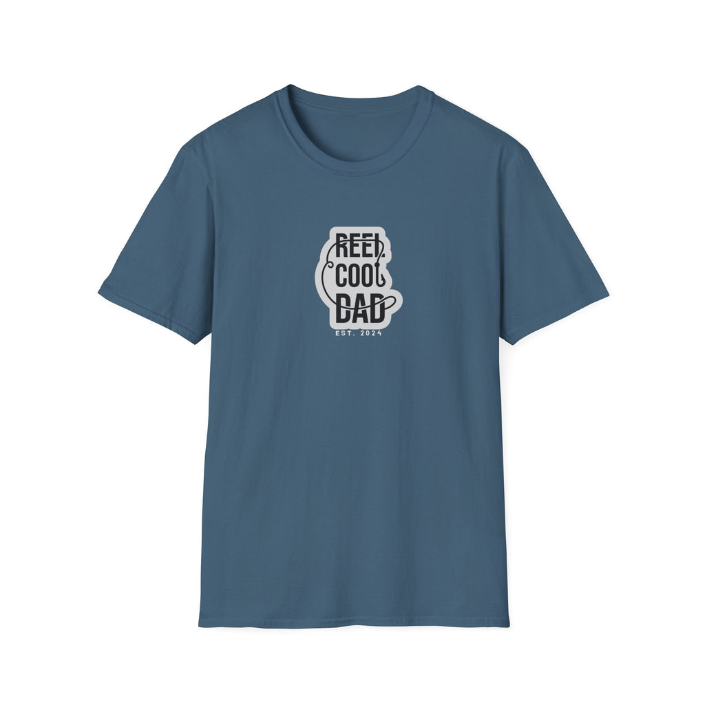Navy crewneck graphic T-shirt with Reel Cool Dad logo and EST. 2024