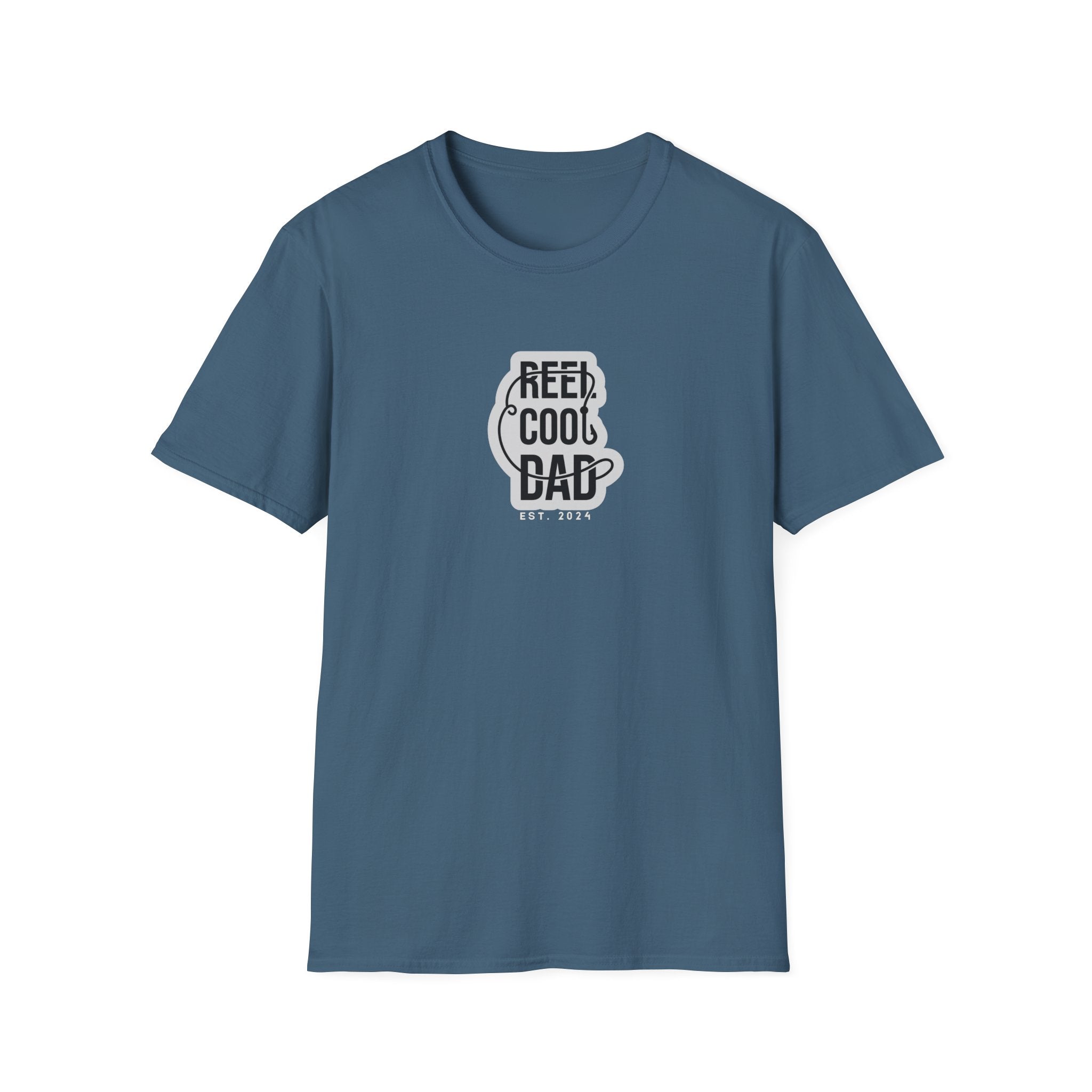Navy crewneck graphic T-shirt with Reel Cool Dad logo and EST. 2024