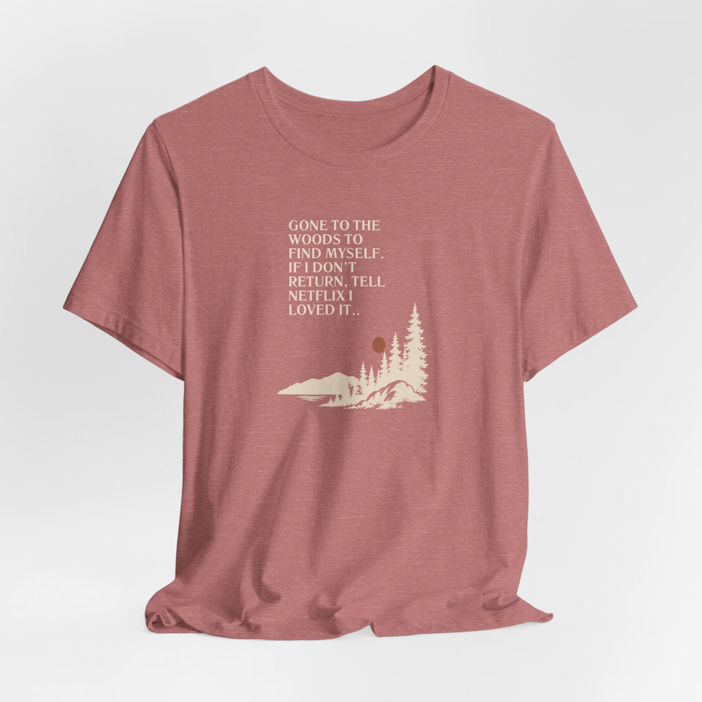 Rose pink hiking T-shirt with woods scene graphic and quote text on front