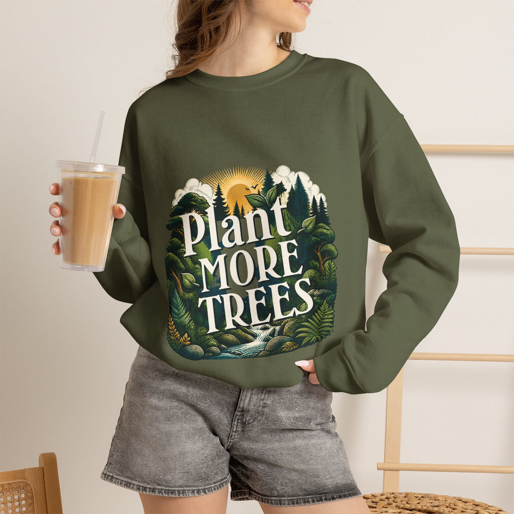 Forest green crewneck sweatshirt with tree and forest graphic on front