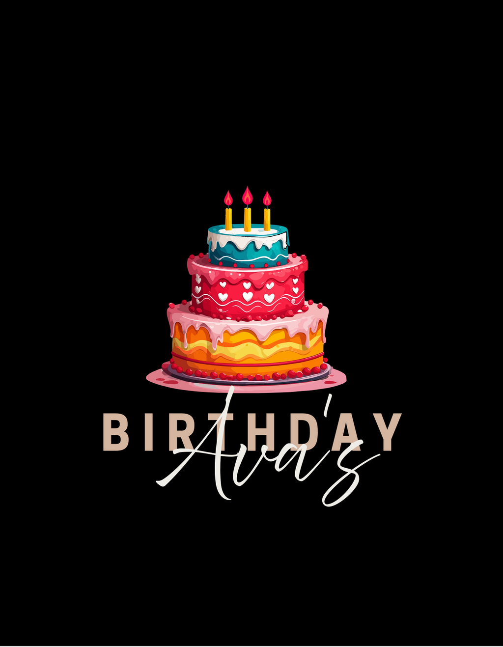 Black T-shirt design: birthday cake graphic with 'BIRTHDAY' lettering